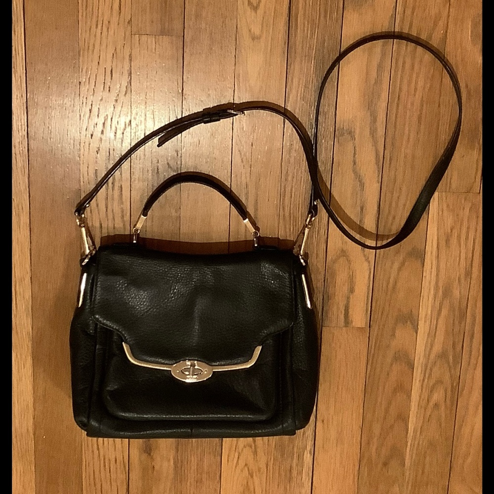 COACH Top Handle Satchel Crossbody Black Leather with Royal Blue Interior